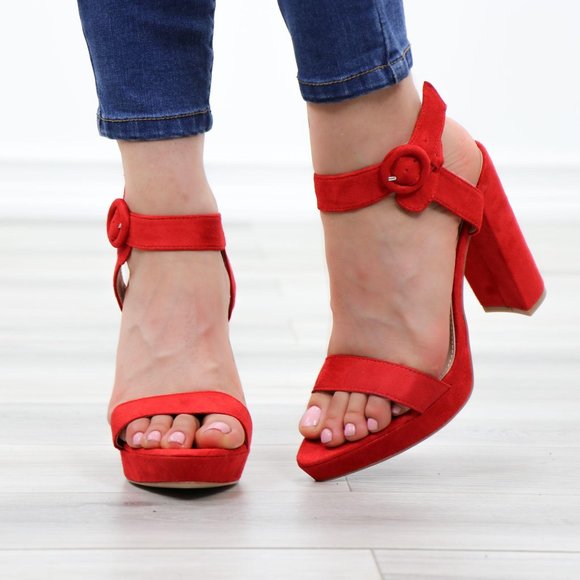 Faux Suede Red Platform Open Pointy Toe High Heels - Picture 10 of 14